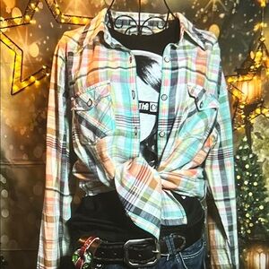 👚 BKE Fitted Plaid Button-Up Shirt — Multicolor Pastels — Sz XL